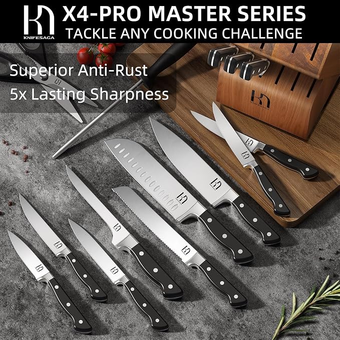 KnifeSaga 15-pc Japanese Kitchen Knife Block Set, Razor Sharp, Professional | Innovative Steel, High Carbon Stainless, Enduring Sharpness, Ergonomic Handle, Quality Acacia Wood Block, Full-tang, Gift Box