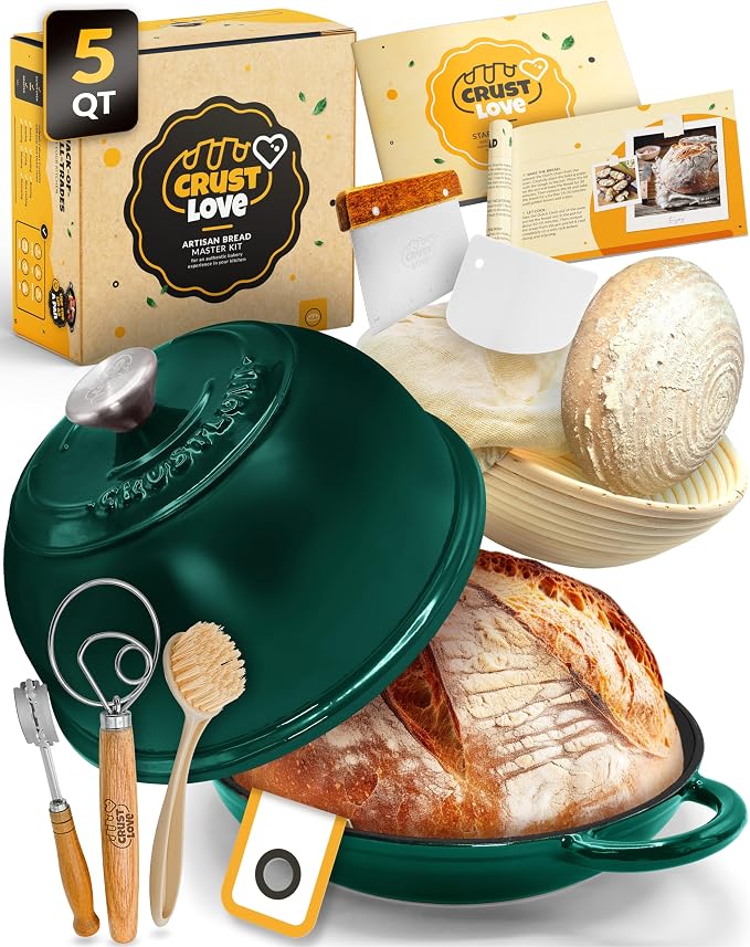 5 QT Enameled Dutch Oven for Bread Baking with Lid & Starter Kit | Dome Lid Traps Steam for Crisp Crust, Bread Proofing Basket, Scoring Tool, Dough Whisk, Bread Sling & Instructions Included