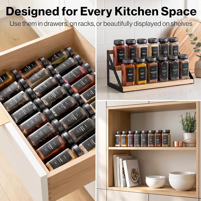 Glass Spice Jars with Label, Space Gray Sprinkle Lids (24 x 4oz) | Airtight Lids keep spices fresh, Kitchen Spice Drawer Organizer, 4oz Seasoning Containers incl. Funnel, Brush & 240 Labels