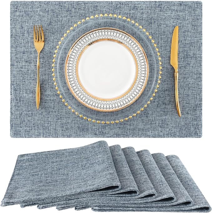 Faux Cotton Linen Placemats Set of 6, Cloth Washable Farmhouse Dining Table Mats for Indoors & Outdoors, Easy to Clean, Denim Blue, 13 x 19 Inch