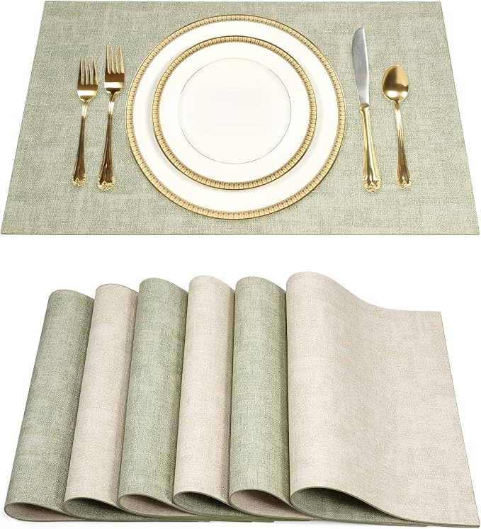 Leather Placemats Table Mats Set of 6, Light Green & Beige | Reversible Non-Slip Table Placemats, Heat-Resistant and Waterproof for Dining Kitchen and Holiday Parties