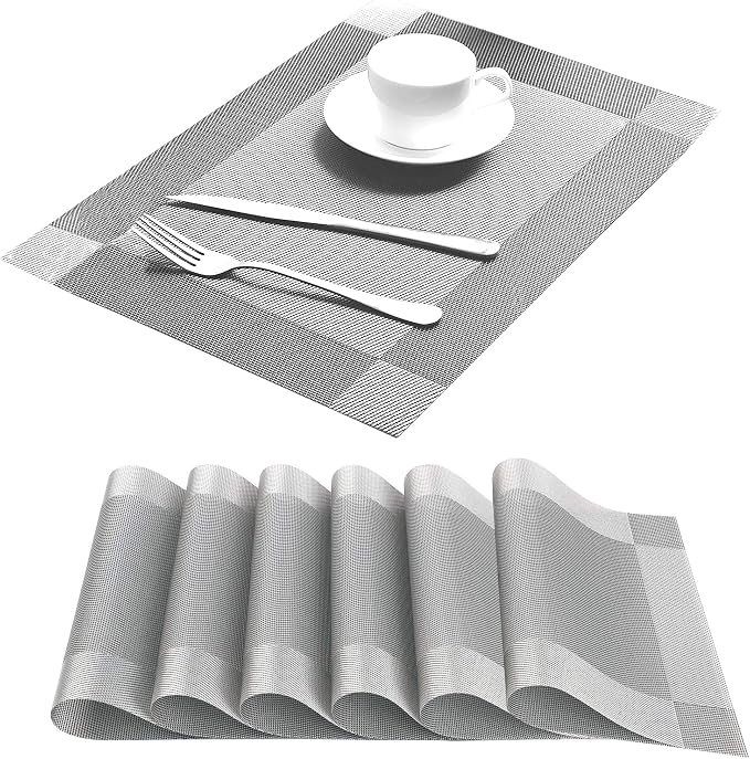 Table Placemats Dining Table Place Mats Set of 6 Heat Resistant Insulation Non-Slip Vinyl for Kitchen Dining Room 18" * 12" Silver