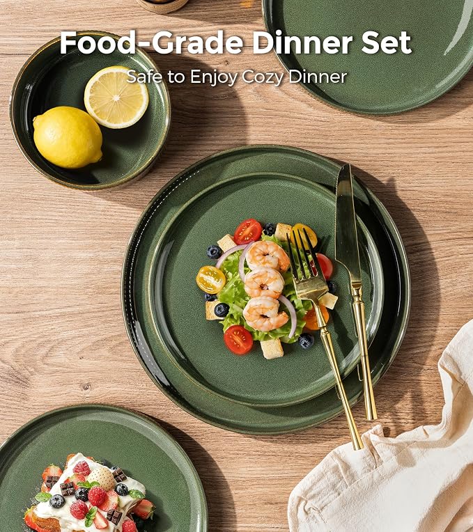 GBHOME Stoneware Dinnerware Sets for 4, 12 Pieces Plates and Bowls Set | Lightweight Ceramic Ribbed Dishes,Reactive Glaze Stackable Plate Set,Scratch Resistant,Microwave&Dishwasher Safe,Sage Green