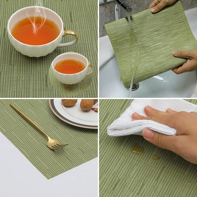 SHACOS Placemats Set of 8 Woven Vinyl Place Mats for Dining Table Wipe Clean Heat Resistant Washable Kitchen Table Mats (8, Olive Green)
