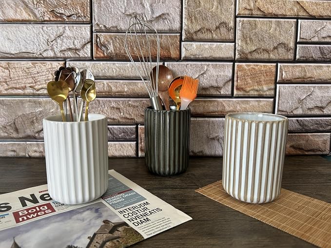 TOPYOKK Stoneware Coffee Bar Utensil Holder Tea & Coffee Spoon & Stirrer Holder for Stir Stick Straw Teaspoon Holder Espresso Spoon Cup Small Utensil Jar Fluted Vertical Stripe (Retro White)
