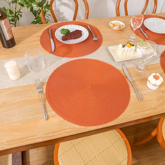 SHACOS Round Placemats Set of 4 for Dining Table Autumn Fall Round Braided Place Mats Washable Non Slip Kitchen Table Mats Decor, Bright Orange