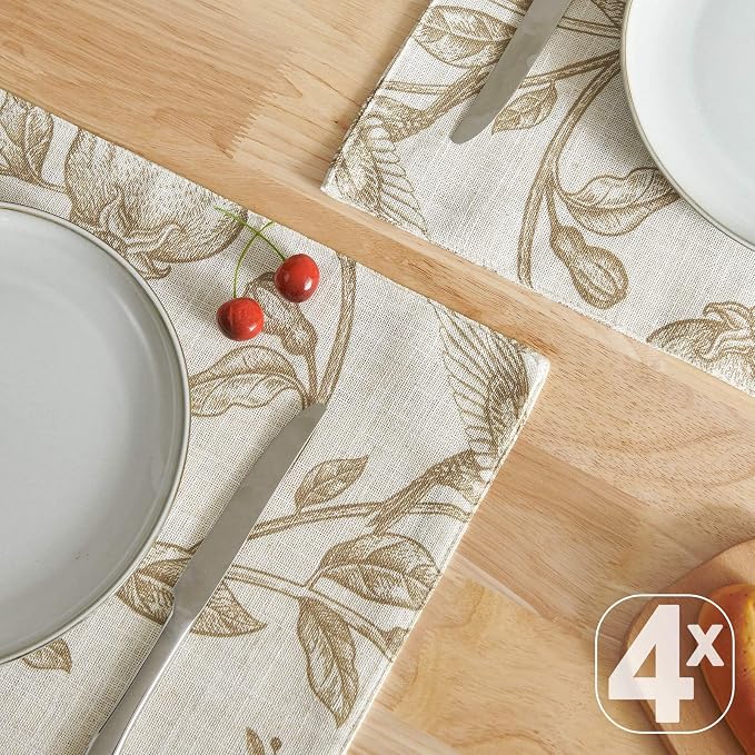 JINCHAN Linen Placemats Set of 4 Farmhouse Botanical Print 13x19 Inch Tan | Fabric Placemats, Cottage Style, Botanical Bird Motif, Machine Washable, Easy to Store, Reusable