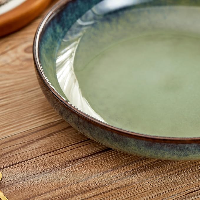 Transmutation Glaze Serving Pasta Bowl,10 inch Ceramic Wide Salad Bowls,50 Ounce Large Big Fruit Bowl for Kitchen, Microwave Oven Dishwasher Safe (Green)