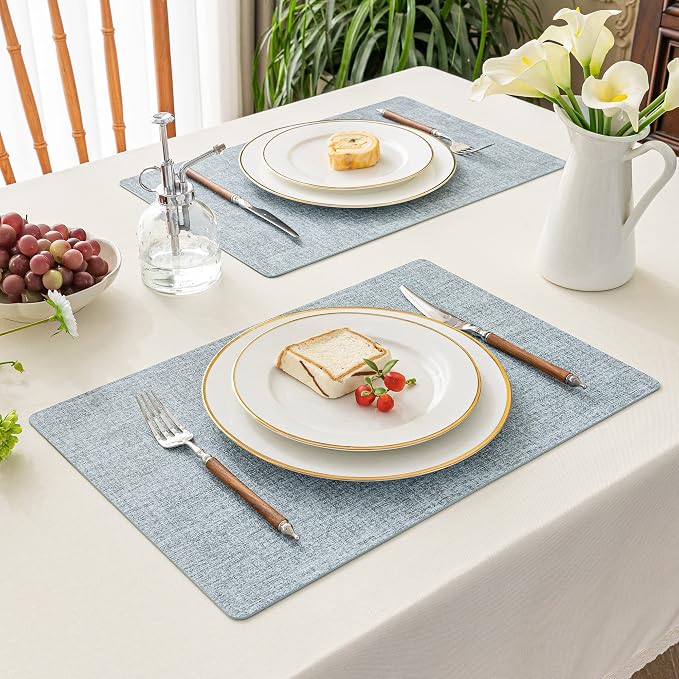 Romanstile Vinyl Placemats Set of 6-12 X 17 Inch - Faux Leather 100% Waterproof Wipeable Anti Slip Place Mats, Heat Resistant Reversible PU Table Mats for Kitchen Dining Party Outdoor, Sky Blue