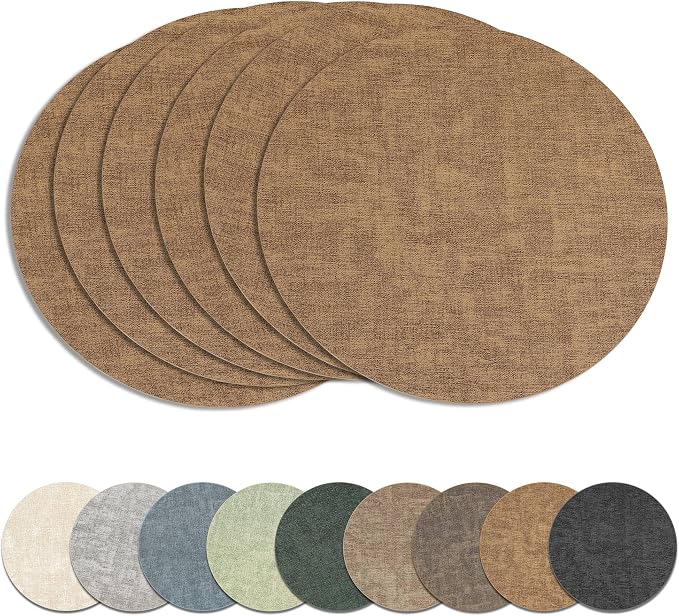 13" Round Placemats Set of 6, Reversible Faux Leather Wipeable Table Mats | 2mm Vinyl Heat Resistant Waterproof Oilproof Scratch Proof Non-Slip, Washable for Kitchen Dining Indoor Outdoor (Light Brown)