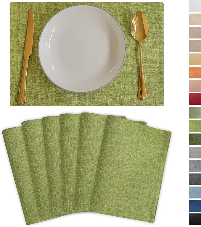 Demetex Placemats Set of 6 Green Decorative Table Mats Modern Linen Placemats Washable Heat Resistant Plate Mats for Dinner Gathering Kitchen, Lime Green