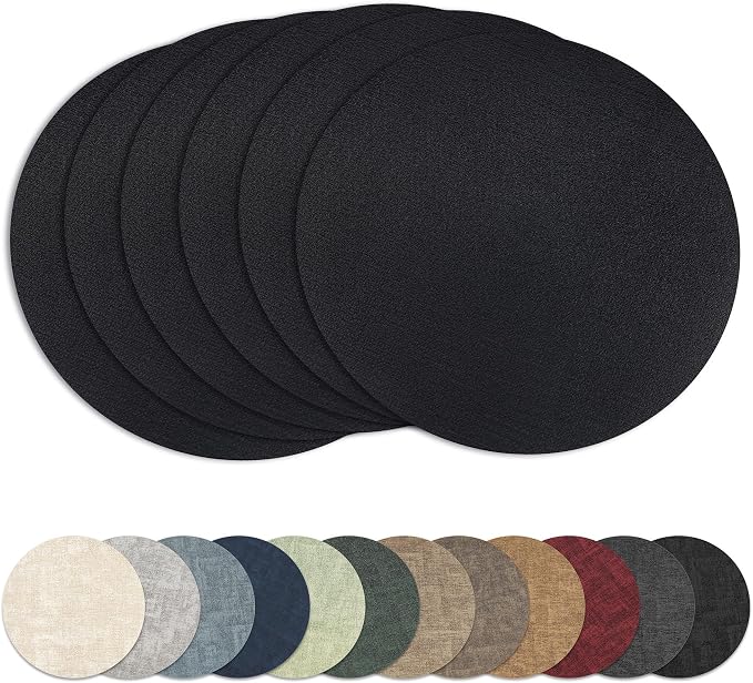 13" Round Placemats Set of 6, Reversible Faux Leather Wipeable Table Mats | 2mm Vinyl Heat Resistant, Waterproof Oilproof Scratch Proof Non-Slip, Washable for Kitchen Dining Indoor Outdoor (Black)