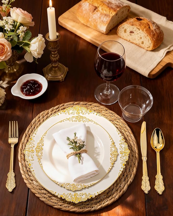 Nervure 175Pcs Ivory Plastic Plates, Disposable Party Plates for 25 Guests | 25 7.5" Dessert & 25 10.25" Dinner Disposable Plates, 75 Gold Cutlery, 25 9oz Cups, 25 Napkin for Wedding & Party, Heavy-duty