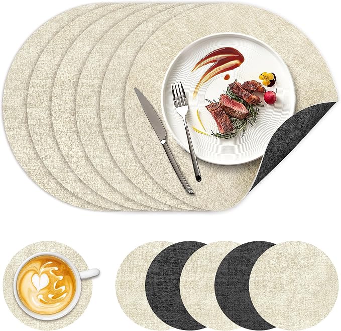 NCUE 13" Faux Leather Round Placemats Set of 6, Reversible Dual-Color | With 3.9" Coasters, 2 mm Vinyl Table Mats, Waterproof Wipeable Heat Resistant, Non-Slip Texture, for Dinner Party Home Decor