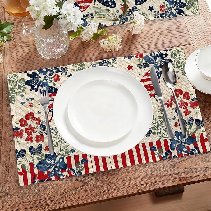 Independence Day Cloth Placemats,American Butterfly Flowers Heat-Resistant Table Placemats Set of 6, Washable Linen Place Mats for Dining Room Table Decor Home Restaurant Cafes Party 11.8x17.7 Inch