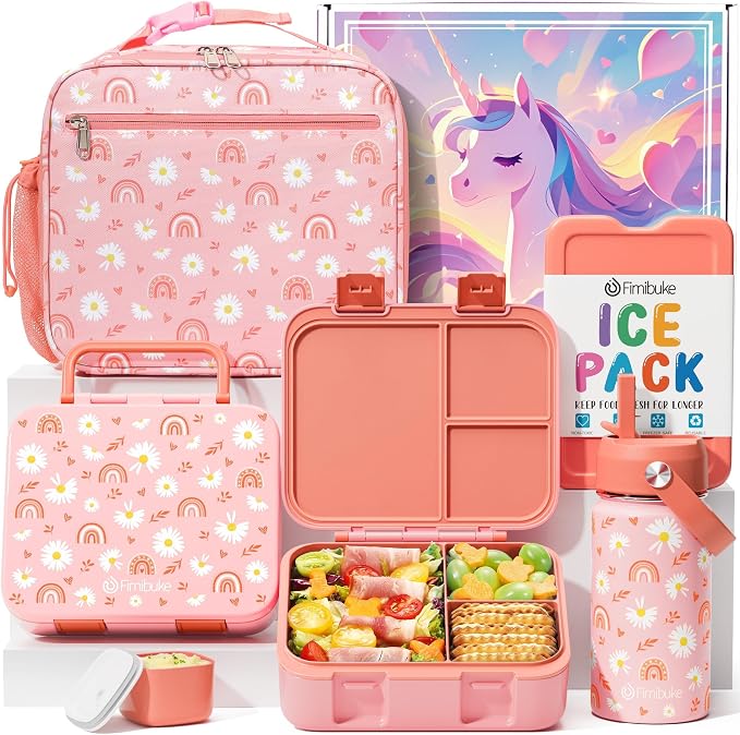 Fimibuke Bento Lunch Box for Kids - Toddler Girls Snack Bento Box Container | with 3 Compartment, 14oz Stainless Steel Water Bottle, Insulated Lunch Bag, Ice Pack Set for Ages 3-12 Daycare, Rainbow Daisy
