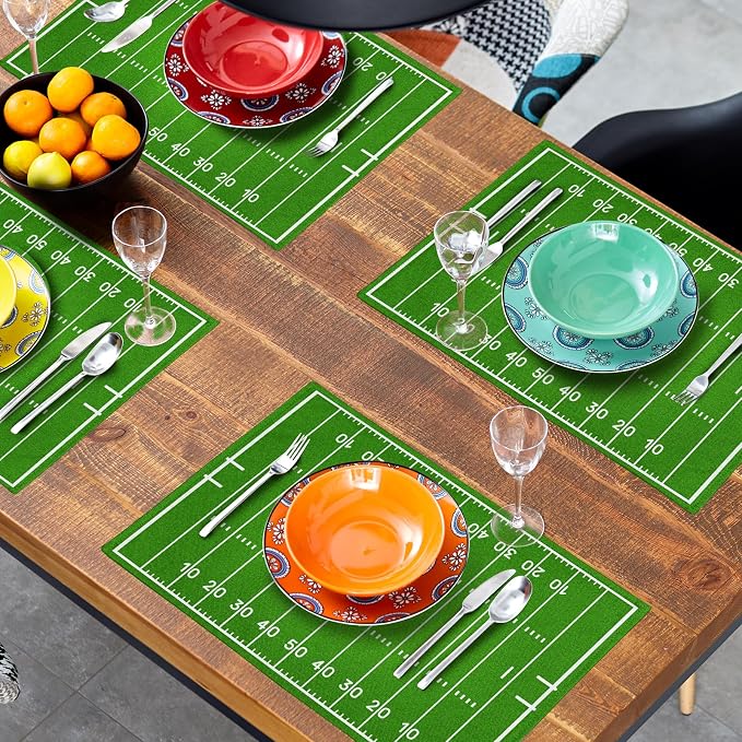 Football Placemats Set of 6 18x12 Inch Football Field Sport Themed Linen Place Mats Heat-Resistant Washable Wipeable Green Table Mat for Party Kitchen Dining Room Dinner Table Decor