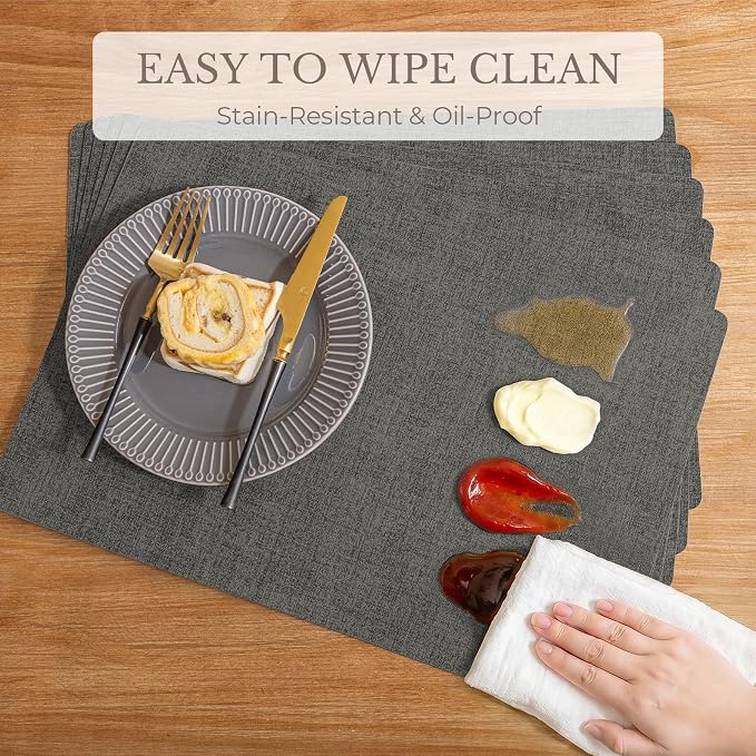 Romanstile Vinyl Placemats Set of 6-12 X 17 Inch - Faux Leather 100% Waterproof Wipeable Anti Slip Place Mats, Heat Resistant Reversible PU Table Mats for Kitchen Dining Party Outdoor, Dark Grey