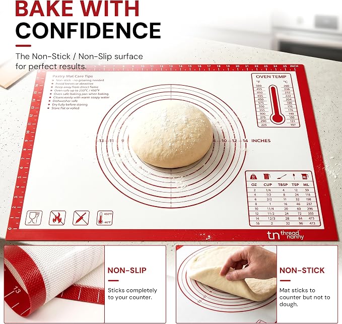 XL Silicone Pastry Mat for Baking Dough Mat, Extra Large 28x20 inches Red | Non-Stick & Non-Slip Dough Mat for Rolling Out with Measurements, Bread, Pizza, Pie Crust, Cookies, Fondant Oven Safe
