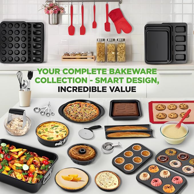 NutriChef 42-Piece Nonstick Bakeware Set | Carbon Steel Baking Pans Set with Oven Mitts, Muffin Trays, Cookie Sheets, Loaf Pan, & Accessories for Cakes, Pizza & Bread.