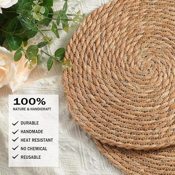 Handmade Heat Resistant 13.8" Round Woven Placemats Set of 12, Wicker Boho No Chemical Natural Water Hyacinth Place Mats, Farmhouse Table Mats for Kitchen Dining Table,Home Decorations,Wedding