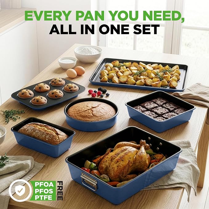NutriChef 8-Piece Nonstick Stackable Bakeware Set - PFOA, PFOS, PTFE Free Baking Tray Set w/Non-Stick Coating, 450°F Oven Safe, Round Cake, Loaf, Muffin, Wide/Square Pans, Cookie Sheet (Blue)