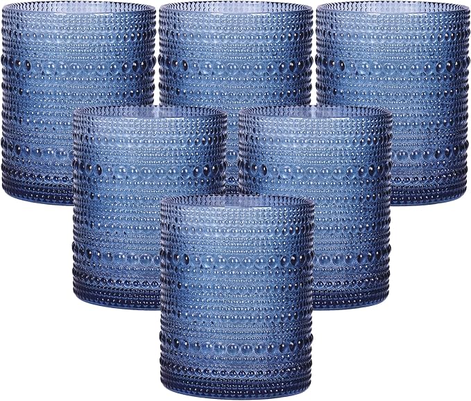 Moretoes 10oz Blue Hobnail Drinking Glasses Set of 6 Cocktail Glasses | Vintage Old Fashion Glassware, Textured Glass Cups Bubble Glasses Water Glasses Jupiter Glasses Set