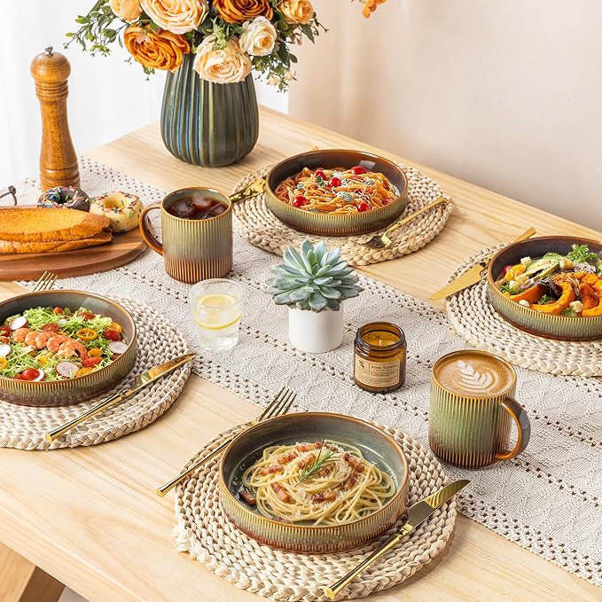 7.5" Ceramic Pasta Bowls Set of 4, Salad Bowls | Versatile Serving Bowls for Pasta, Salad, Fruit & Noodles, Housewarming & Wedding Gift, Sage Umber