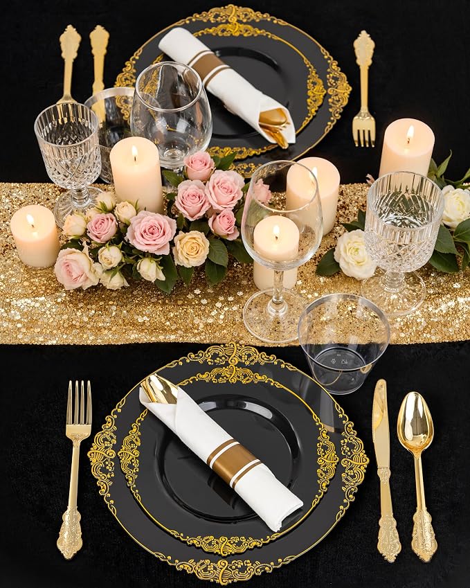 Nervure 175Pcs Black Plastic Plates, Disposable Party Plates for 25 Guests | 25 7.5" Dessert & 25 10.25" Dinner Plastic Plates, 75 Gold Cutlery, 25 9oz Cups, 25 Napkin for Wedding, Party & Retirement