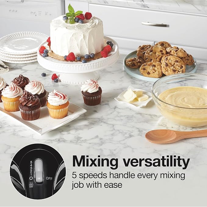 Proctor Silex Easy Mix 5-Speed Electric Hand Mixer with Bowl Rest | Compact and Lightweight | 215 Watts of Peak Power | Black | 62511