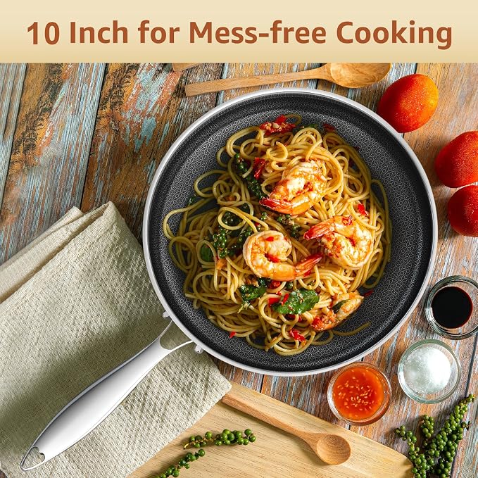 LOLYKITCH 10 Inch Hybrid Nonstick Frying Pan with Glass Lids | PFOA Free | Stainless Steel Skillet | Non-Toxic | Stay-Cool Detachable Handle | Dishwasher and Oven Safe | Induction Ready