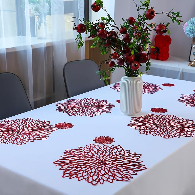 Snowkingdom 12 Pack Red Placemats Metallic Shiny Pressed Vinyl Dining Mats Round Leaf Floral Table Decoration for Halloween Mother's Day Christmas Valentine's Day Weddings Holiday Celebrations