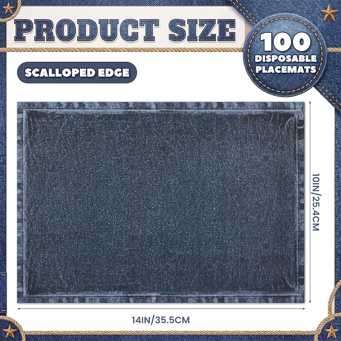 100 Pcs Denim Paper Placemats Faux Jean Blue 14 x 10 Inch Disposable Place Mats for Western BBQ Cowboy Wedding Bridal Shower Party Home Table Kitchen Decor