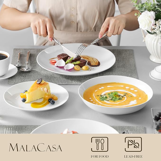 MALACASA 30-Piece Porcelain Dinnerware Set, White Round Dish Set for 6 | Serving Plates and Bowls Sets for Dessert, Salad, Soup, Pasta, Microwave & Dishwasher Safe, Including Cups - Series AMELIA