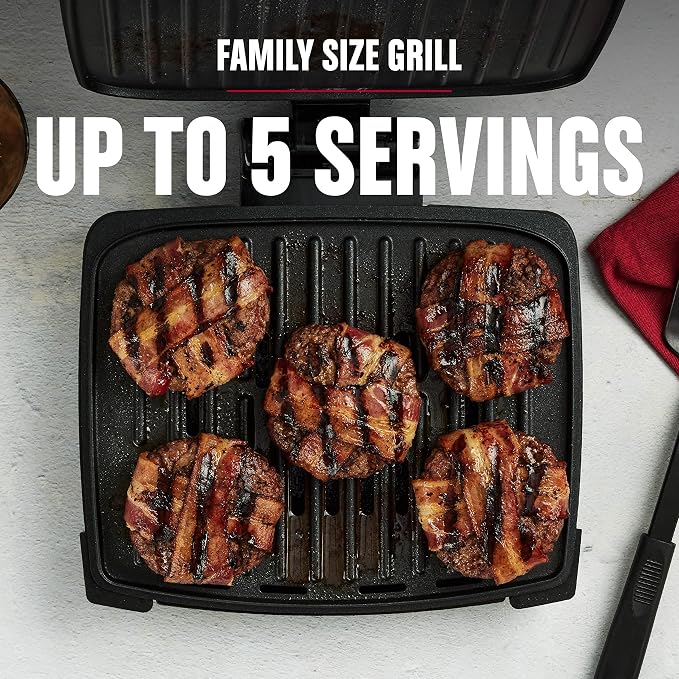 GEORGE FOREMAN® Contact Submersible™ Grill, 5-Serving Grill - Adjustable Temperature Control, Black Plates, Wash the entire grill | Fully submersible grill with dishwasher-safe design, fast preheat and durable nonstick plates for easy cleanup.