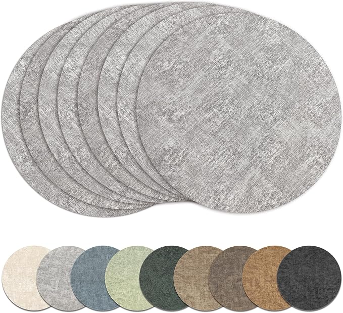 13" Round Placemats Set of 8, Reversible Faux Leather Wipeable Table Mats | 2mm Vinyl Heat Resistant, Waterproof Oilproof Scratch Proof Non-Slip, Washable for Kitchen Dining Indoor Outdoor (Light Grey)