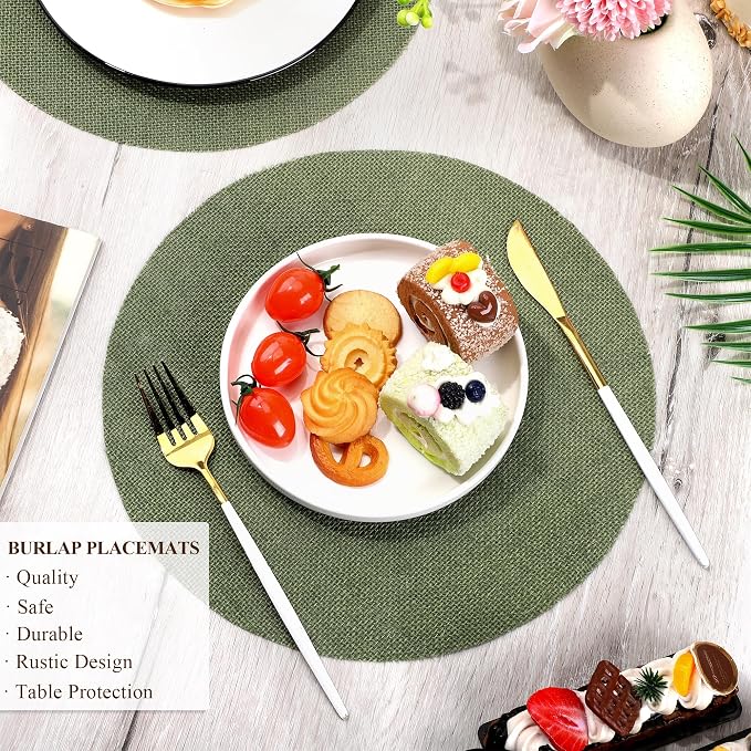 Aneco 50 Pieces Round Burlap Placemats 11.8 Inch Reusable Sage Green Table Mats Heat Resistant Natural Jute Fibers Placemats Burlap Circle Rustic Table Decorations for Dinner Holiday Farmhouse Decor