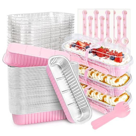 NPLUX Mini Loaf Pans with Lids, 50 Pack Pink 6.8oz for Party Favors | Fits tartlets, pudding desserts, loaf slices and sweet samples; single-base workflow helps limit dish handling.