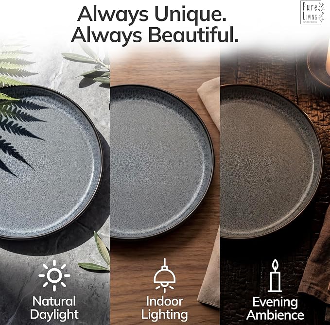 24 Piece Stoneware Dinnerware Set for 8 - Handmade Reactive Glaze Plates and Bowls Set - Lead & Cadmium Free - Chip & Scratch Resistant - Dishwasher Microwave Safe - Dark Gray