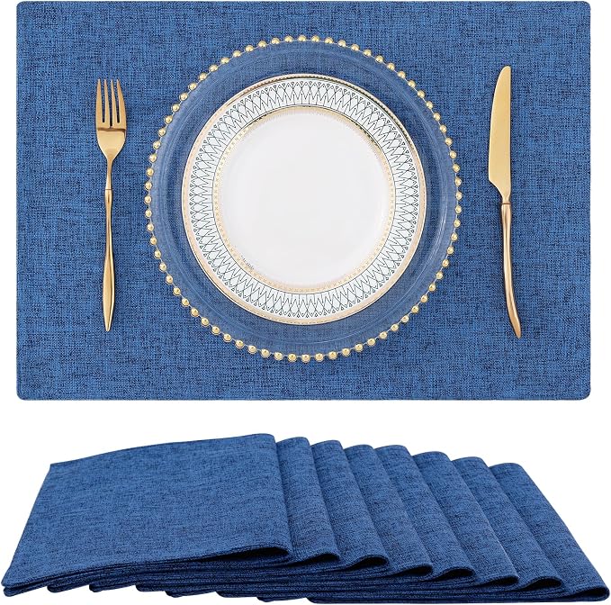 Faux Cotton Linen Placemats Set of 8, Cloth Washable Farmhouse Dining Table Mats for Indoors & Outdoors, Easy to Clean, Navy Blue, 13 x 19 Inch