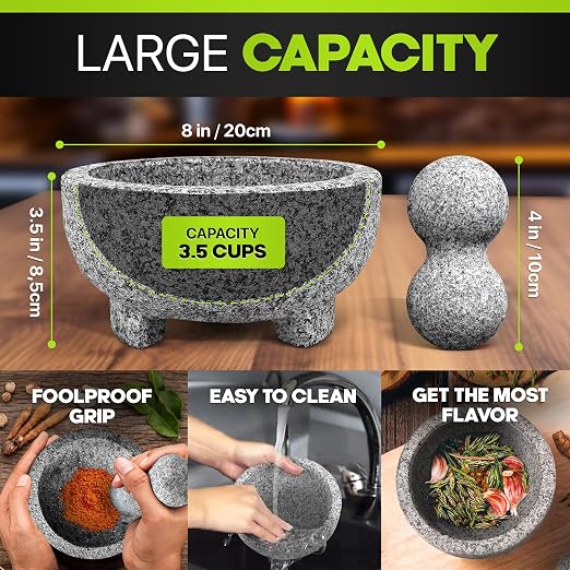 Granite Mortar and Pestle Set 8-Inch (3.5-Cup), Molcajete, Grey | 100% Granite, Avocado Tool Included, Molcajete Mexicano, for Guacamole, Spices, Herbs & Pesto, Premium Kitchen Gift