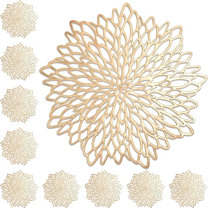 Juvale 10 Pack Gold Vinyl Placemats - 14.4" x 14.4" Round Table Mats and Plate Chargers with Leaf Design for Elegant Table Decor and Protection - Stylish Charger Plates for Events and Wedding Parties