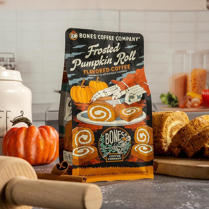 Bones Coffee Company Frosted Pumpkin Roll Flavored Coffee, Medium Roast Low Acid Arabica Beans Compatible with Auto drip and French Press Coffee Maker, 12 Oz Ground