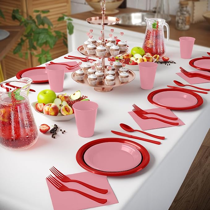 Party Solids 350 Pieces Valentines Plastic Plates For Party, Valentines Disposable Plates Set, 50 Of Each 9" Dinner Plate Set, 7" Dessert Plate, Cups, Napkins & Cutlery Plastic Dinnerware Set
