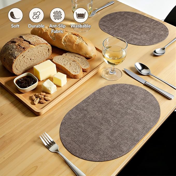 Placemats Set of 4, 11.8 x 17 Inch, Dark Brown | Heat Resistant Oval Faux Leather Place Mats, Waterproof Wipeable Reversible PU Placemat, Indoor & Outdoor