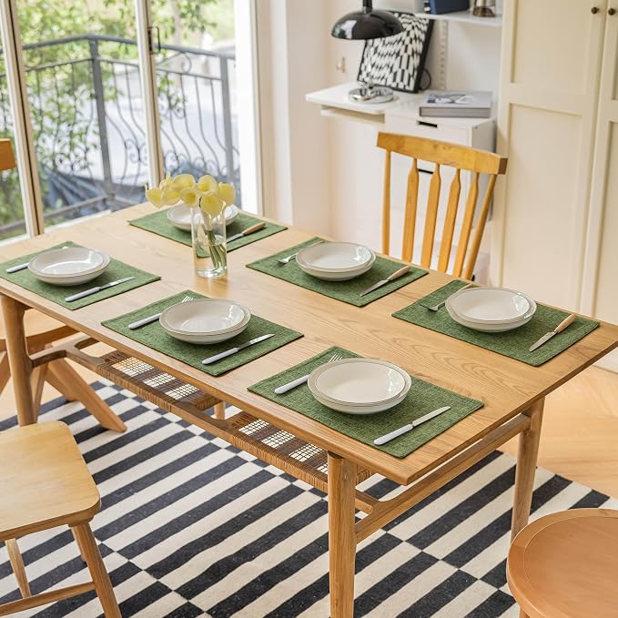 Demetex Dark Green Placemats Set of 8 Decorative Linen Textured Place Mats Heat Resistant Plate Table Mats for Summer Cafe Party Banquet Tables, 13x19 inch, Green