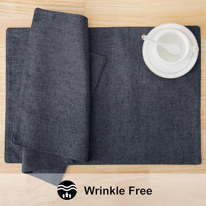 Faux Cotton Linen Placemats Set of 8, Cloth Washable Farmhouse Dining Table Mats for Indoors & Outdoors, Easy to Clean, Charcoal, 13 x 19 Inch