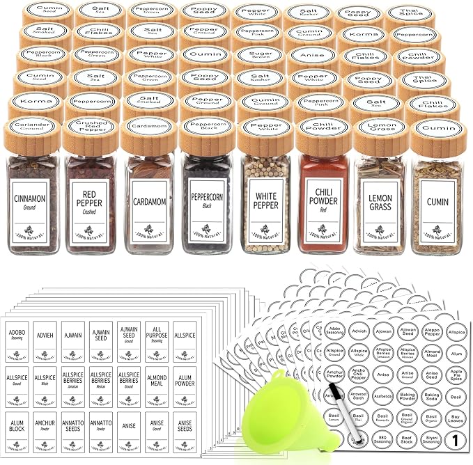 SWOMMOLY 48 Pcs 4 oz Glass Spice Jars with 806 Spice Labels, Bamboo Lids | Square Spice Bottle with Pour/sift Shaker Lid, Chalk Marker Funnel, Seasoning Storage Containers for Racks, Cabinets, Drawers