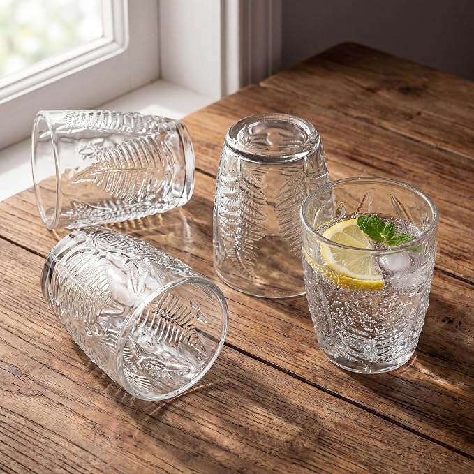 Clear Drinking Glasses Set of 4, 10 oz Glass Cups, Vintage Fern Glassware | Hand-Pressed, Dishwasher Safe, Boho Leaf-Textured Drinkware, Decorative Embossed Lowball Tumblers for Water, Retro Kitchen