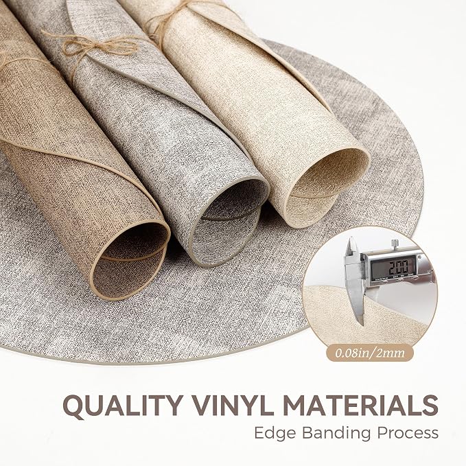 13" Round Placemats Set of 6, Reversible Faux Leather Wipeable Table Mats | 2mm Vinyl Heat Resistant, Waterproof Oilproof Scratch Proof Non-Slip, Washable for Kitchen Dining Indoor Outdoor (Beige)